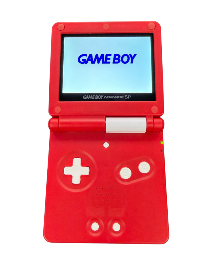 Custom Poké Ball designed Game Boy Advance SP shell featuring vibrant IPS backlit screen and unique collector style open view of IPS backlit display