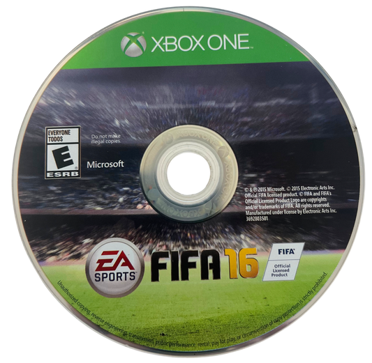 FIFA 16 Xbox One game cover art, disc image for a soccer sports simulation and football video game