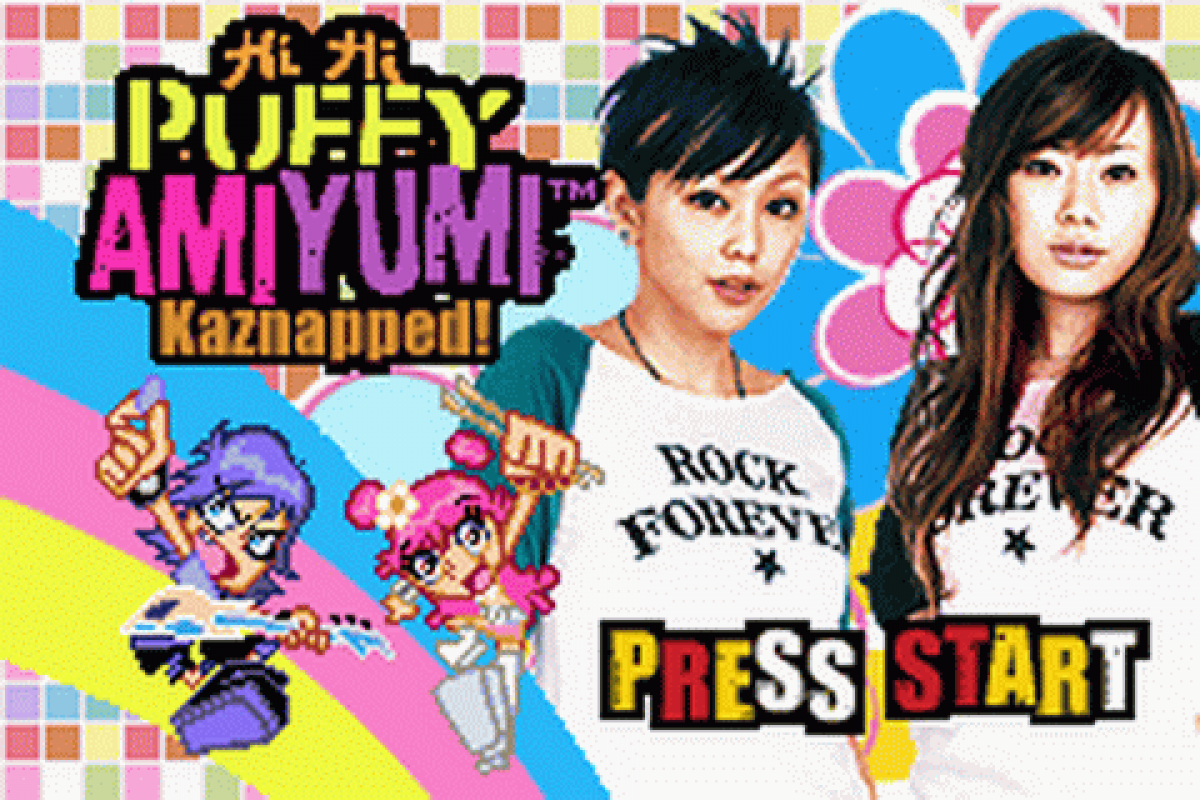 Game Boy Advance title screen for 'Hi Hi Puffy AmiYumi: KaZnapped!' with colorful characters and text.