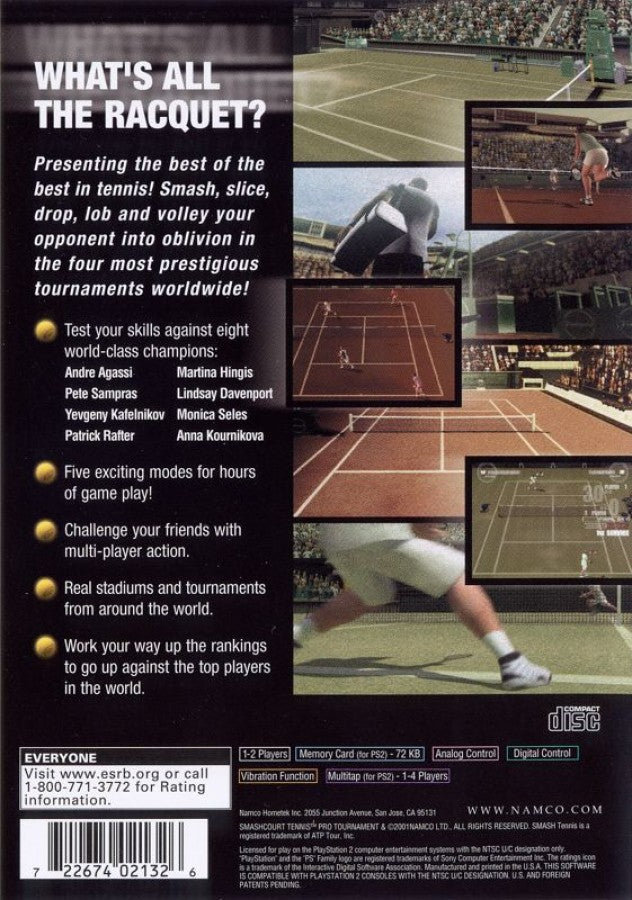 Smash Court Tennis Pro Tournament – PlayStation 2 (PS2) video game back of case, tennis sports game.