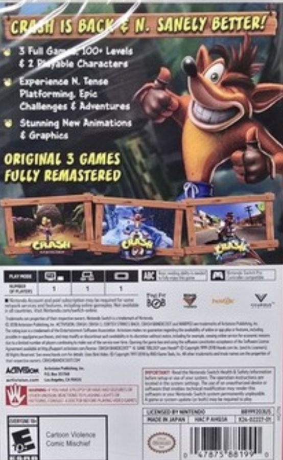 Crash Bandicoot N Sane Trilogy titlepage for Nintendo Switch (NS) video game back cover