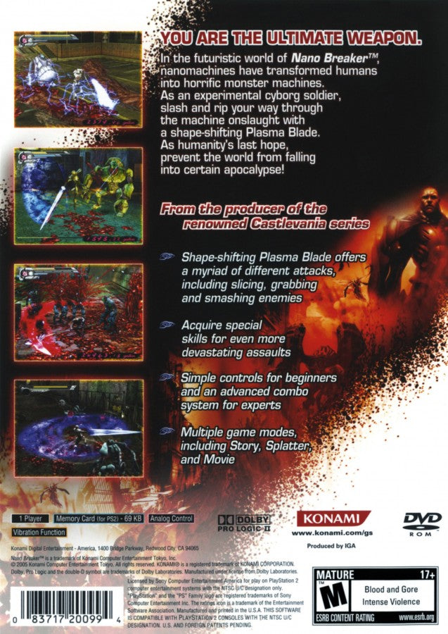 Nano Breaker PS2 Sony PlayStation 2 action hack and slash sci fi cybernetic weapon combat virus infected nanomachine enemies fast paced melee combos Konami dark futuristic story retro gaming PlayStation 2 software video game title back cover art