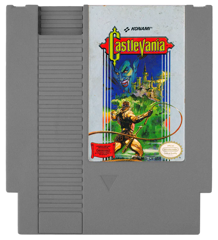 Castlevania cartridge for the Nintendo Entertainment System with five screw design featuring 8 bit gothic side scrolling action platformer gameplay as Simon Belmont battles Dracula and monsters cartridge front