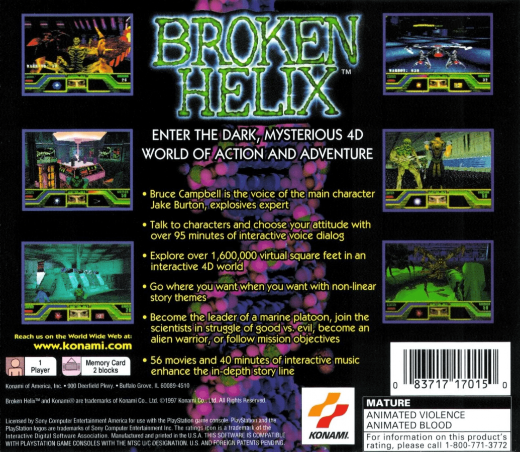 Broken Helix PlayStation 1 third-person action sci-fi horror video game Konami maximum security prison setting mutants creatures Bruce convict protagonist weapon combat exploration mutant DNA powers back cover art