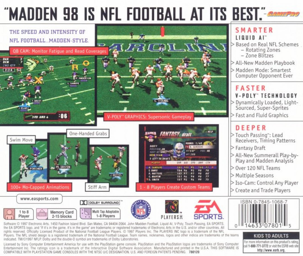 Madden NFL 98 PlayStation 1 PS1 video game, American football sports simulation, classic Madden gameplay, franchise and multiplayer modes, console title back cover