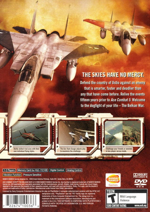Ace Combat Zero The Belkan War PS2 Sony PlayStation 2 flight combat simulator jet fighter aerial dogfighting military aviation war campaign story driven Namco air combat game realistic flight missions retro PlayStation 2 software game title back cover