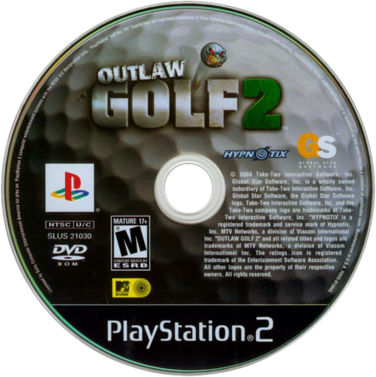 Outlaw Golf 2 – PlayStation 2 (PS2) video game disc, comedic golf sports simulation game.