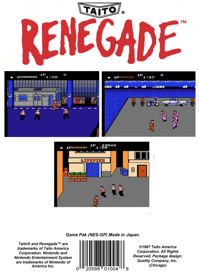 Renegade Complete in Box CIB Nintendo Entertainment System NES for retro video game enthusiasts featuring classic side scrolling beat em up gameplay street fighting action martial arts combat challenging enemy gangs arcade style action complete in box collectible gaming appeal back cover