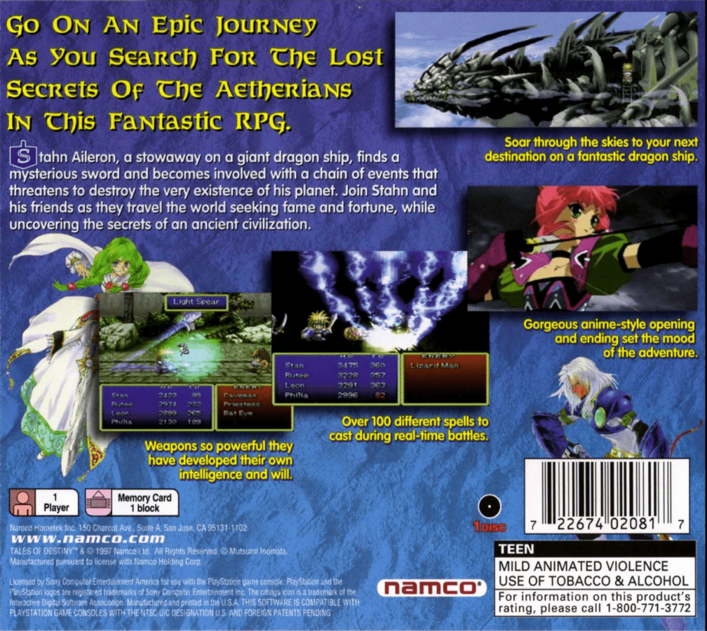 Tales of Destiny back of case for PlayStation 1 (PS1) role-playing video game