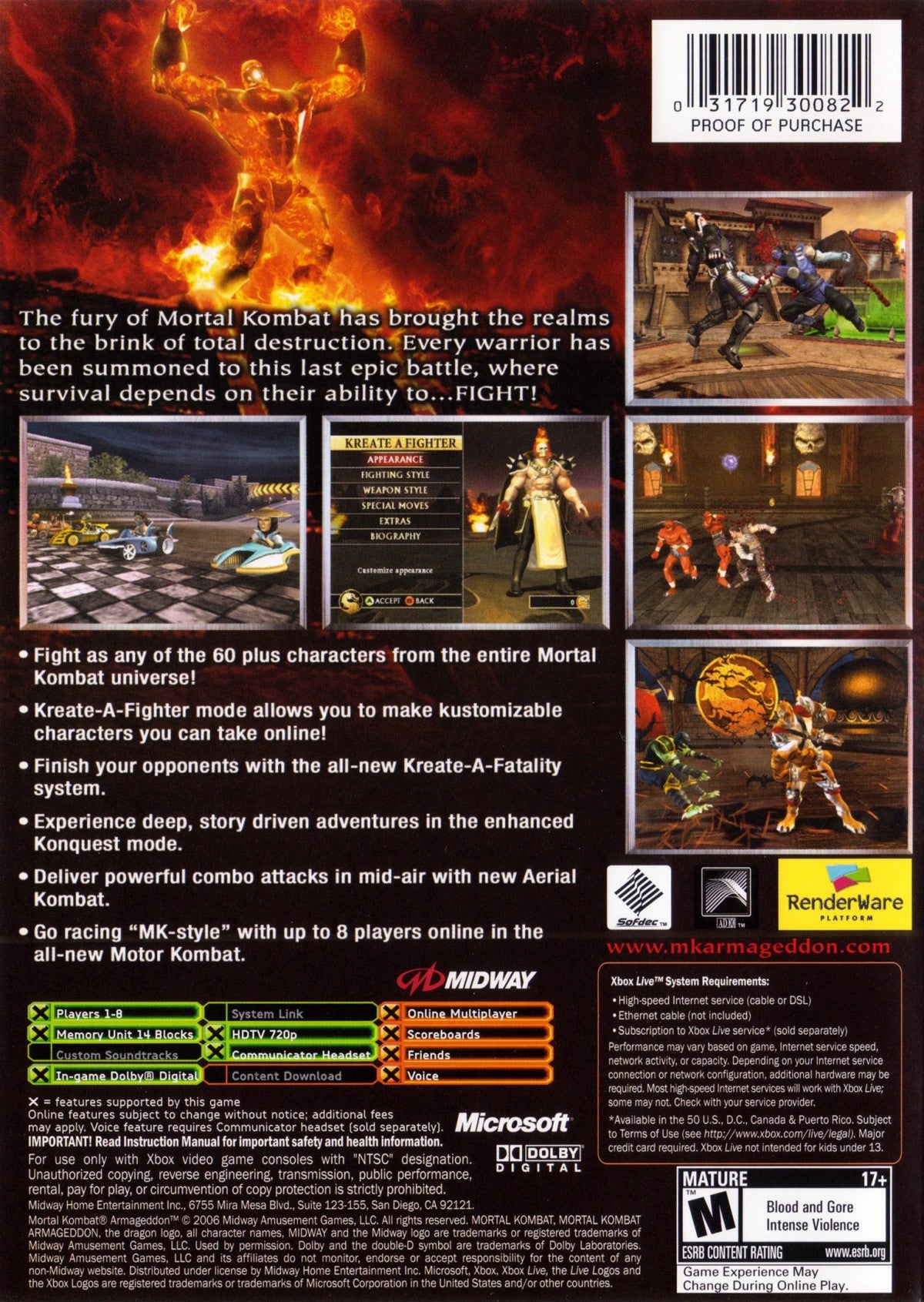 Mortal Kombat Armageddon Xbox game featuring brutal fighting action, massive character roster, and intense arcade-style combat back cover art