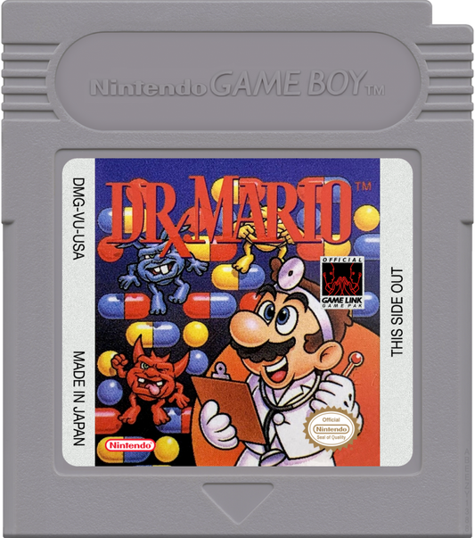 Dr. Mario Game Boy game cartridge with colorful graphics and character illustration.