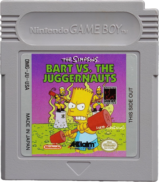 The Simpsons Bart vs the Juggernauts Game Boy handheld action puzzle game featuring Bart Simpson trivia challenges against celebrity opponents cartridge art