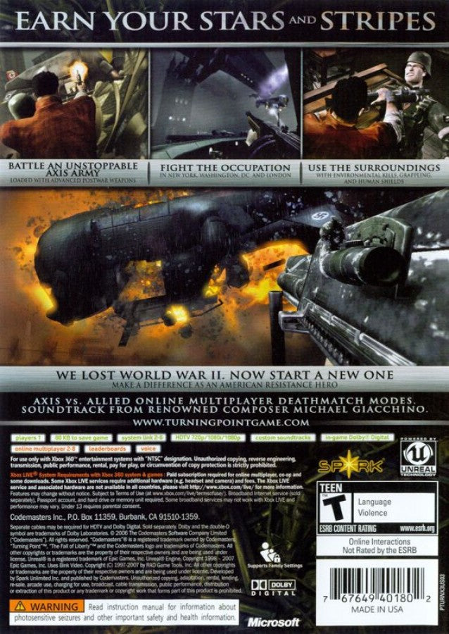 Turning Point: Fall of Liberty back of case for Xbox 360 (X360) alternate history first-person shooter video game