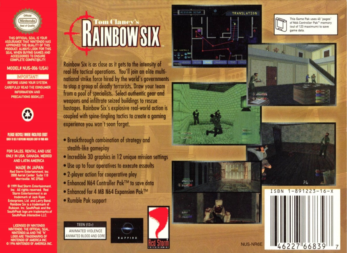 Tom Clancy's Rainbow Six Gray Cart Nintendo 64 N64 video game featuring tactical first person shooter gameplay counter terrorism missions strategic planning weapon combat team based operations hostage rescue objectives and classic 64 bit Nintendo gameplay retro video game collection collectible gaming appeal back cover art