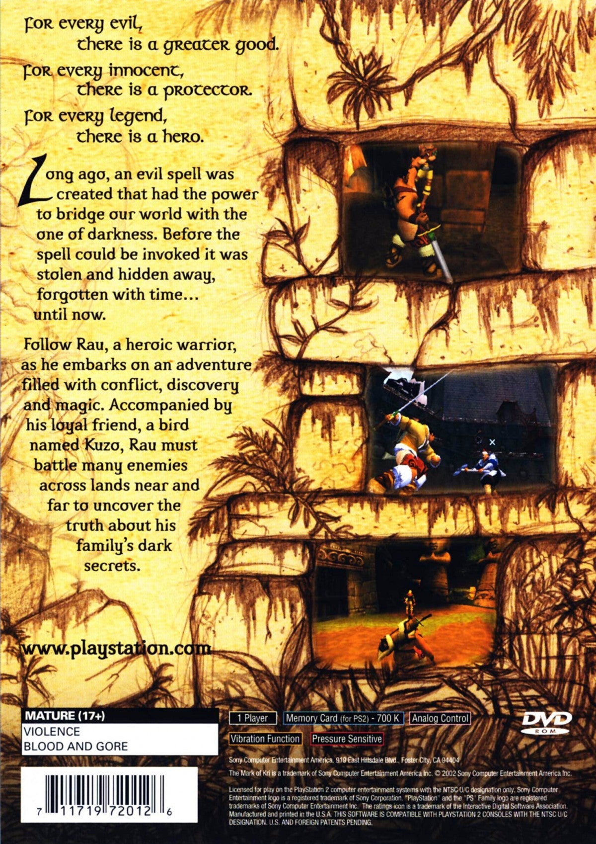 The Mark of Kri back cover art for PlayStation 2 (PS2) video game