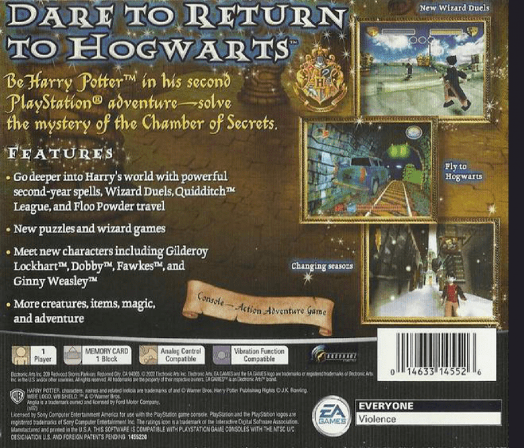 Harry Potter and the Chamber of Secrets back of case for PlayStation 1 (PS1) video game