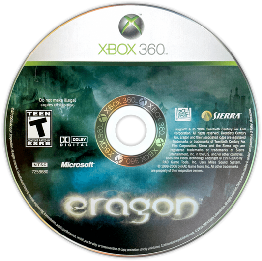 Eragon disc for Xbox 360 (X360) fantasy action-adventure video game