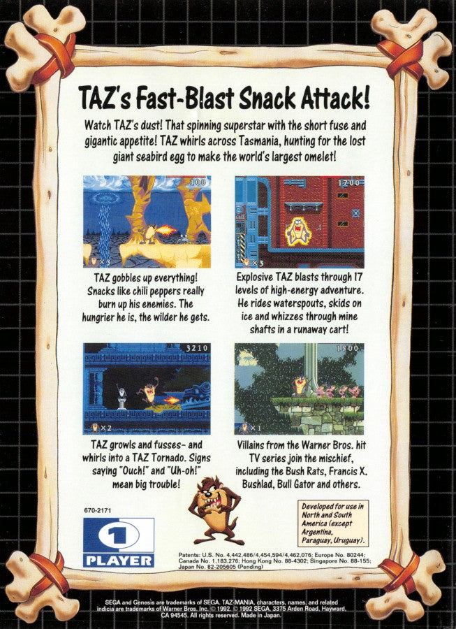 Taz-Mania Sega Genesis GEN video game featuring Taz platforming adventure gameplay Looney Tunes character action colorful environments enemy encounters obstacle courses power ups and classic 16 bit Sega gameplay retro video game collection collectible gaming appeal back cover art