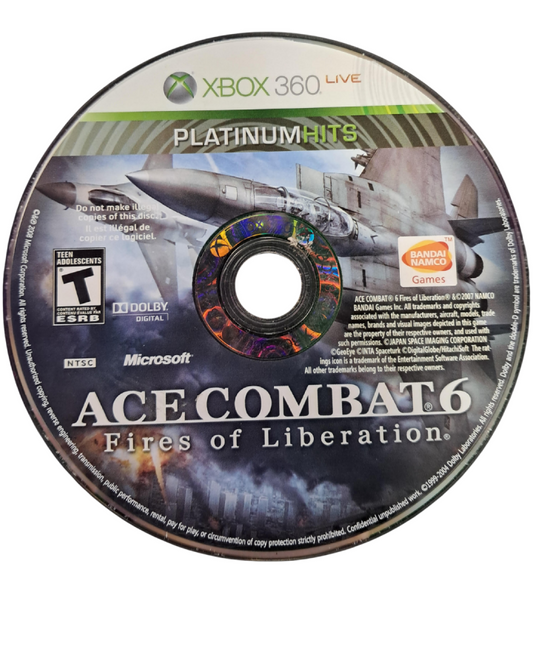 Ace Combat 6 Fires of Liberation Platinum Hits Xbox 360 game featuring realistic modern jet fighter combat large scale aerial battles cinematic campaign online multiplayer modes and immersive military flight simulation by Namco Bandai disc