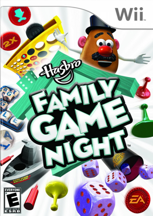 Box cover of Hasbro Family Game Night for Wii with colorful game pieces and characters.
