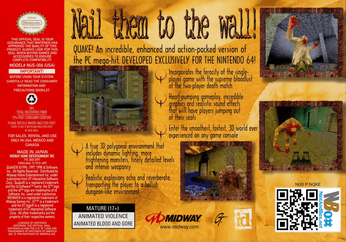 Quake back cover art for Nintendo 64 (N64) video game