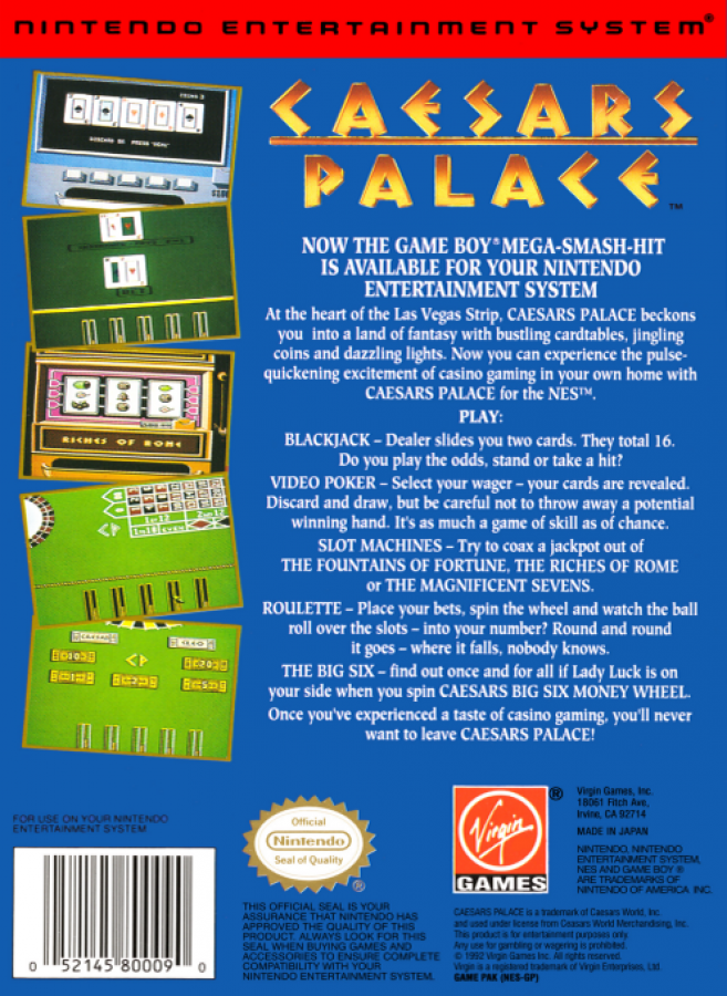 Caesars Palace back of box for Nintendo Entertainment System NES retro video game