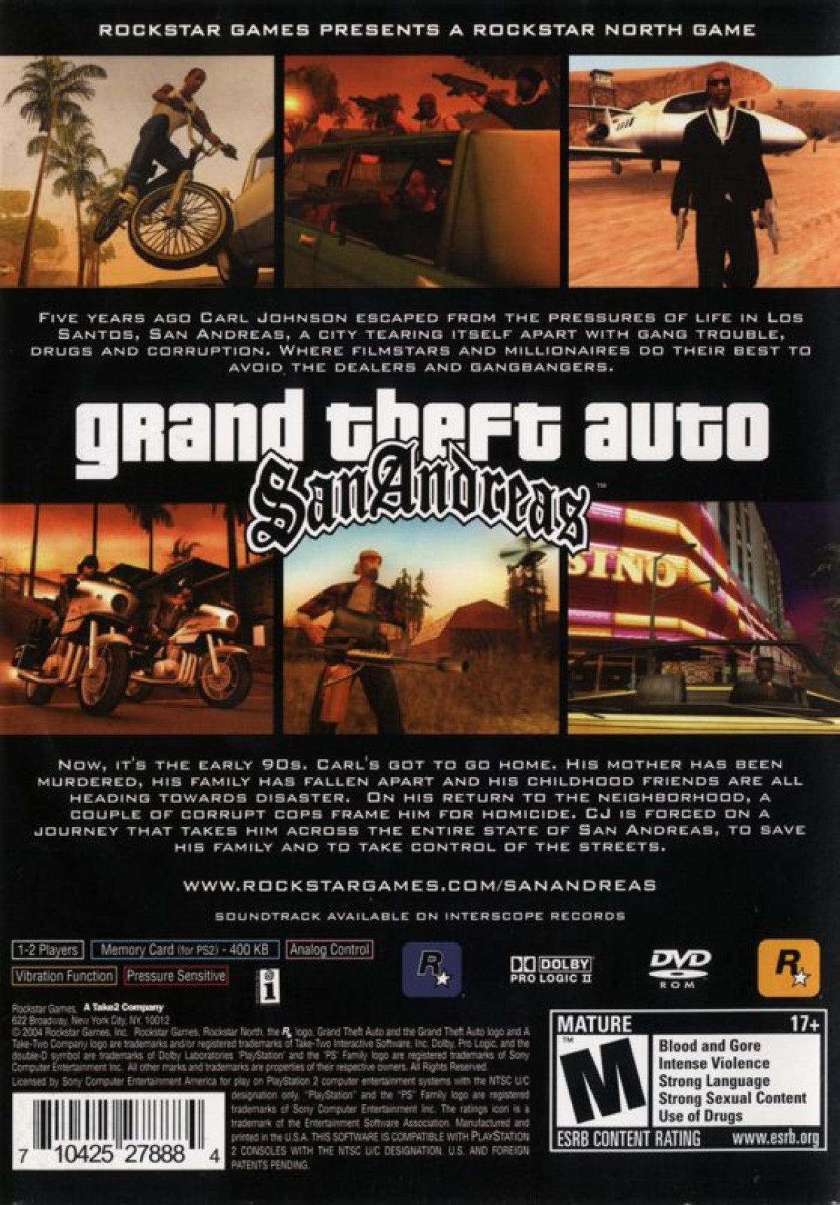 Retro Grand Theft Auto San Andreas Greatest Hits PS2 inspired design featuring open world crime action aesthetic vintage PlayStation 2 urban street culture gang warfare sprawling city environments chaotic missions iconic Rockstar gameplay nostalgic sandbox adventure presentation - back of case
