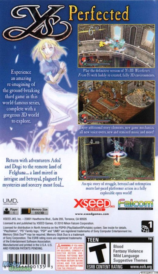 Ys: The Oath in Felghana back of case for PlayStation Portable (PSP) action RPG game