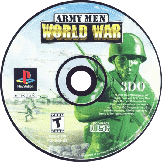 Army Men World War PlayStation PS1 for action strategy video game fans featuring classic green army men battles military missions tactical combat toy soldier gameplay vehicle warfare squad based action campaign missions colorful battlefield environments collectible gaming appeal game disc