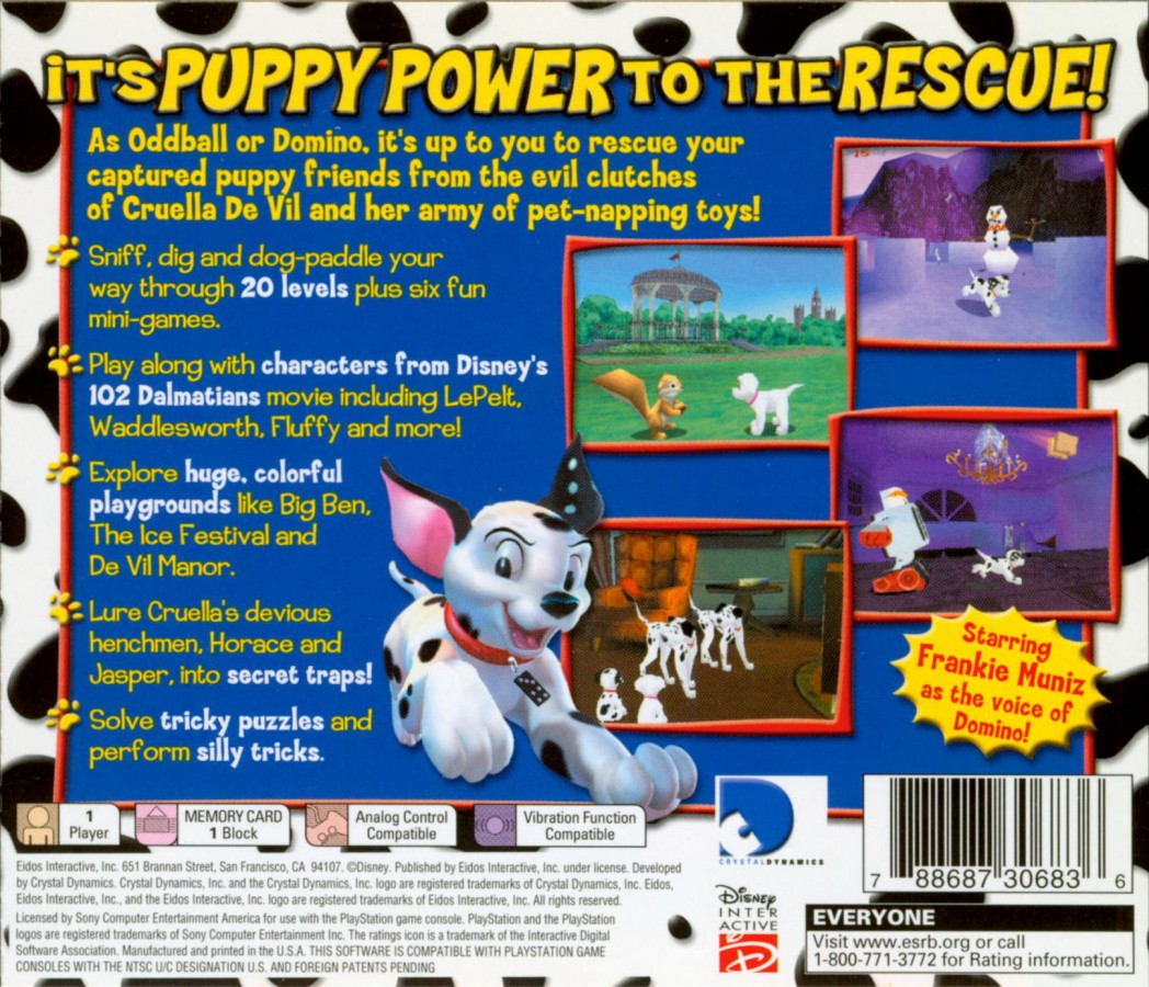 102 Dalmatians Puppies to the Rescue PlayStation 1 PS1 for retro video game enthusiasts featuring action adventure platforming gameplay colorful cartoon worlds puzzle solving collectible items family friendly exploration movie inspired story and collectible gaming appeal back art