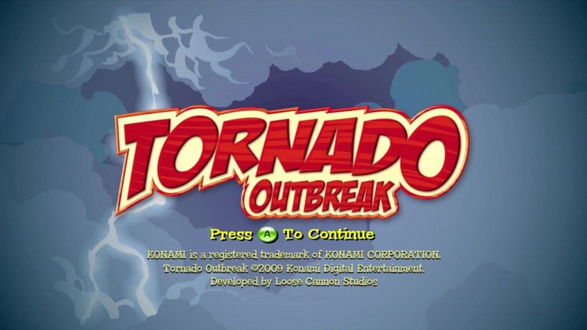 Tornado Outbreak start screen for Xbox 360 (X360) action-adventure video game