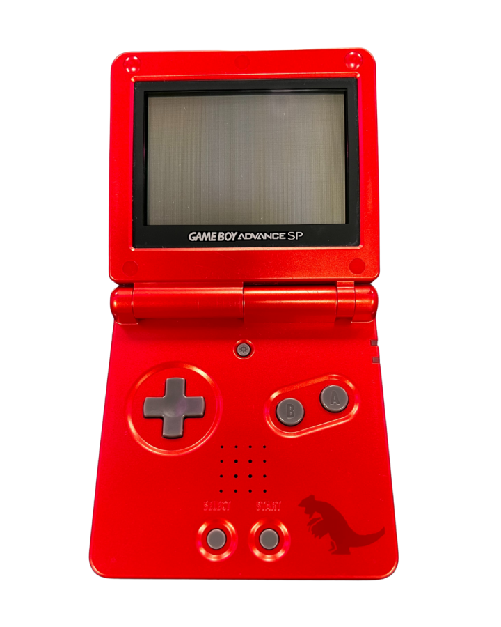 Full open view of the official Game Boy Advance SP Groudon Edition console showing its red metallic casing, inner Groudon artwork, and single display screen with controls.