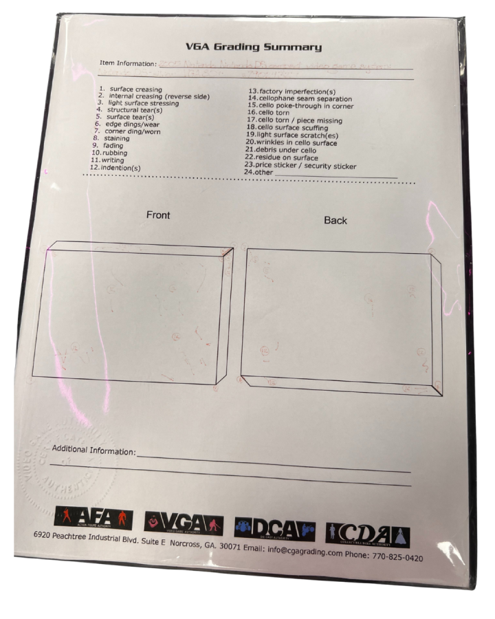Close-up view of the VGA grading sheet for a sealed Nintendo DS system, showing grading details, score, and certification label.