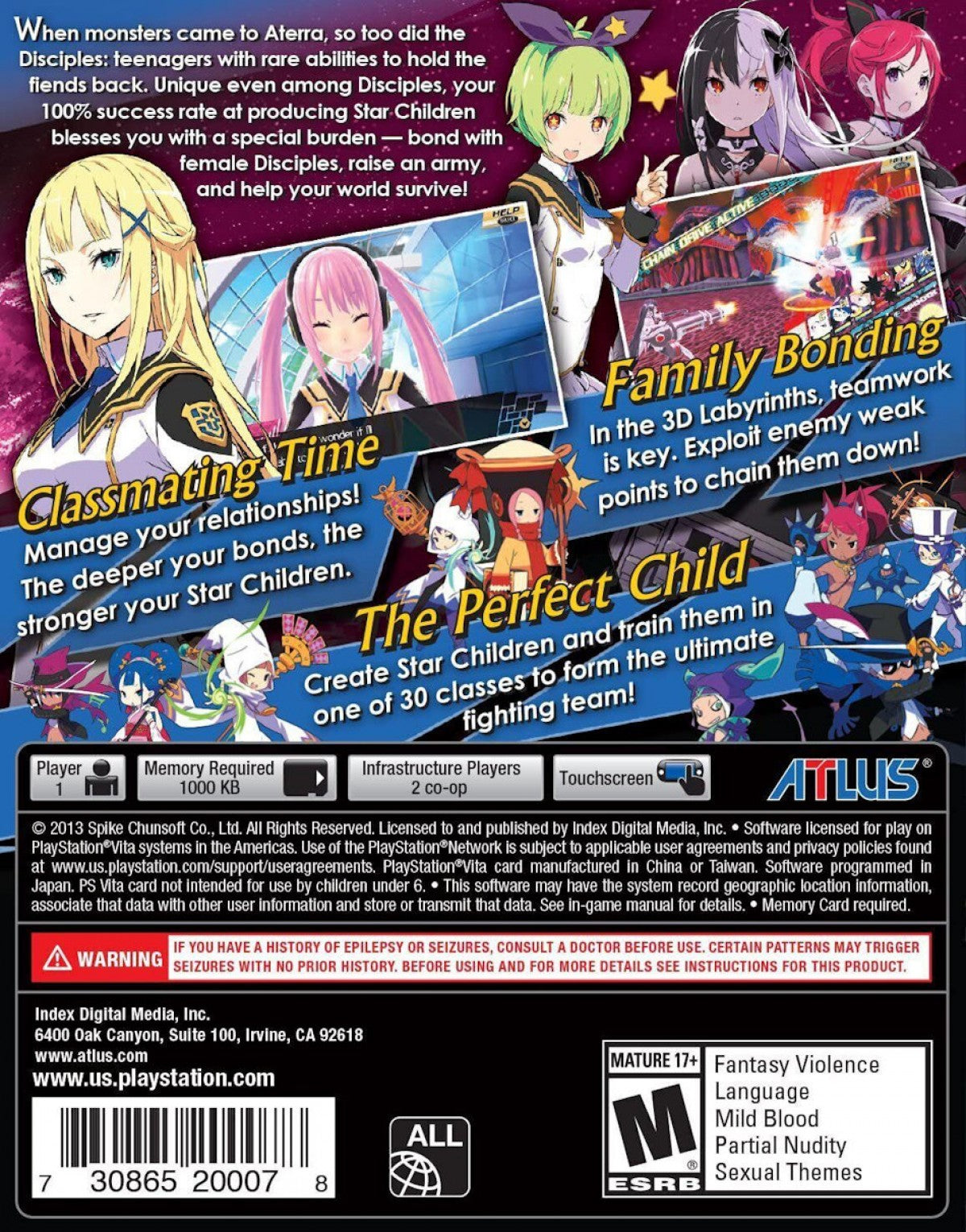 Conception II Children of the Seven Stars game for the PlayStation Vita featuring dungeon crawling RPG gameplay with turn based combat social simulation elements character bonding systems and anime style storytelling set in a fantasy academy world back cover art