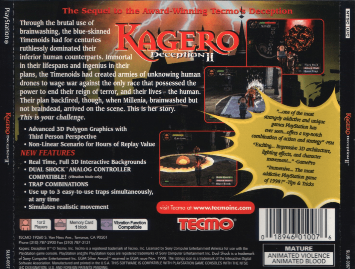 Kagero Deception II back of case for PlayStation 1 (PS1) video game