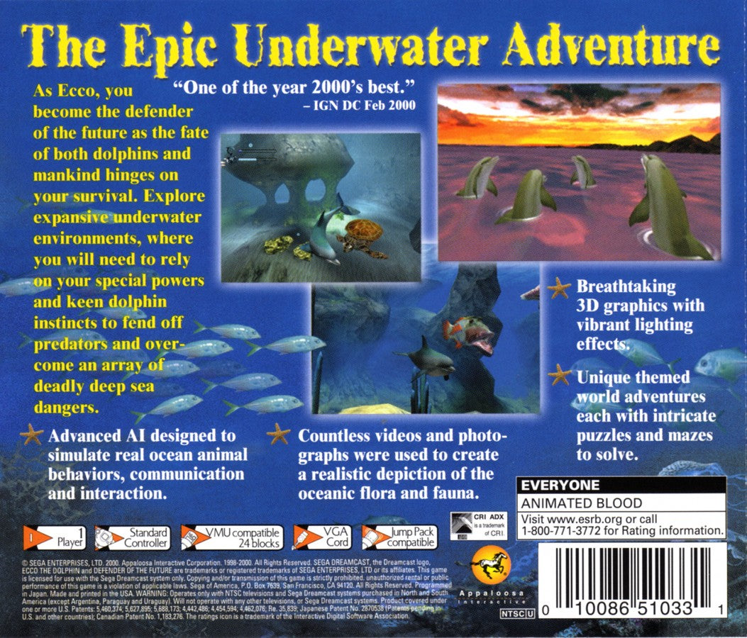 Ecco the Dolphin Defender of the Future Sega Dreamcast retro video game action adventure back of case