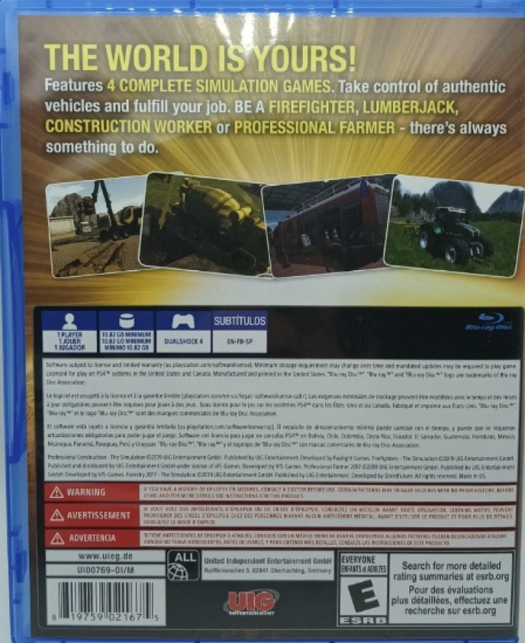 World of Simulators – PlayStation 4 (PS4) video game back of case, vehicle simulation game.