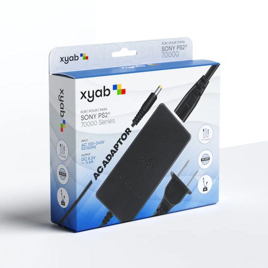 XYAB brand PlayStation 2 Slim power adapter with AC input and DC output cable designed for PS2 Slim consoles