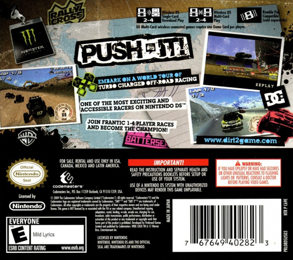Dirt 2 for Nintendo DS with off-road racing and rally challenge theme back cover