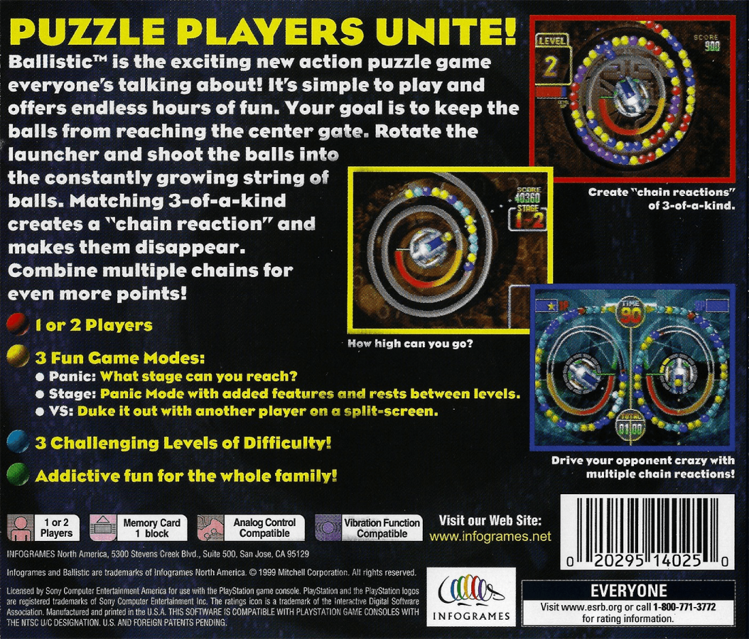 Ballistic back of case for PlayStation 1 PS1 retro puzzle video game