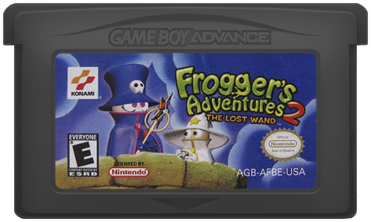 Frogger’s Adventures 2 The Lost Wand for Game Boy Advance, cartridge for an action-adventure platformer video game with puzzle-solving gameplay, fantasy environments, character-based challenges, and classic arcade-style action
