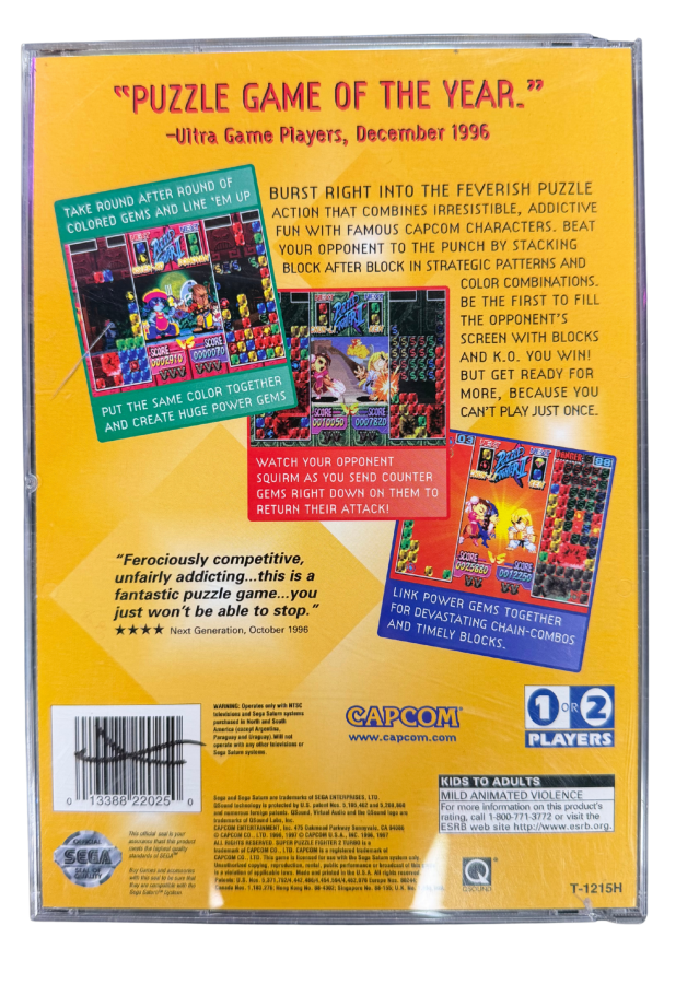Super Puzzle Fighter II Turbo Sega Saturn SS for puzzle fighting video game fans featuring colorful gem matching gameplay chain reactions competitive battles Street Fighter and Darkstalkers characters strategic combos arcade style action multiplayer matches and classic Capcom Sega Saturn gaming collectible appeal back cover art