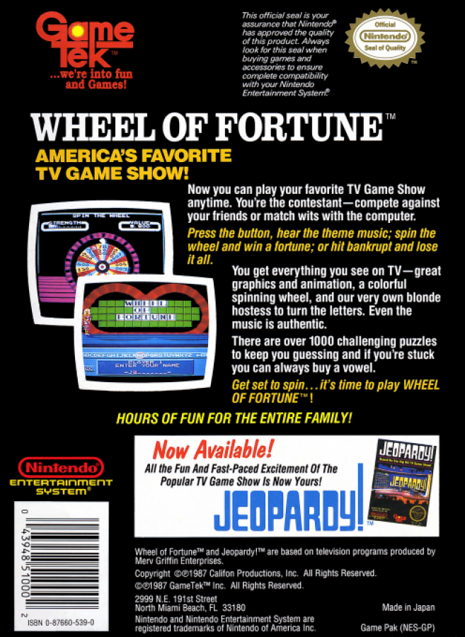 Wheel of Fortune back of box for Nintendo Entertainment System (NES) retro video game