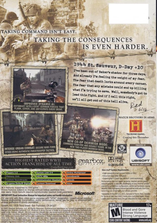 Brothers in Arms: Earned in Blood back cover art for Xbox (XBOX) video game