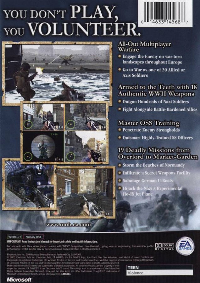 Medal of Honor: Frontline back cover art for Xbox (XBOX) video game