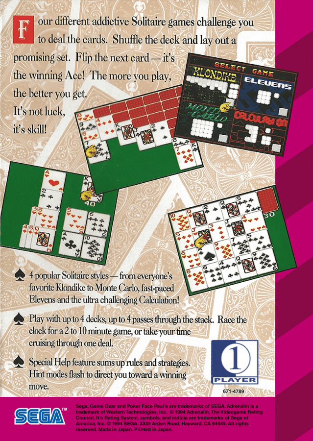 Poker Face Paul's: Solitaire back cover art for Sega Game Gear (GG) video game