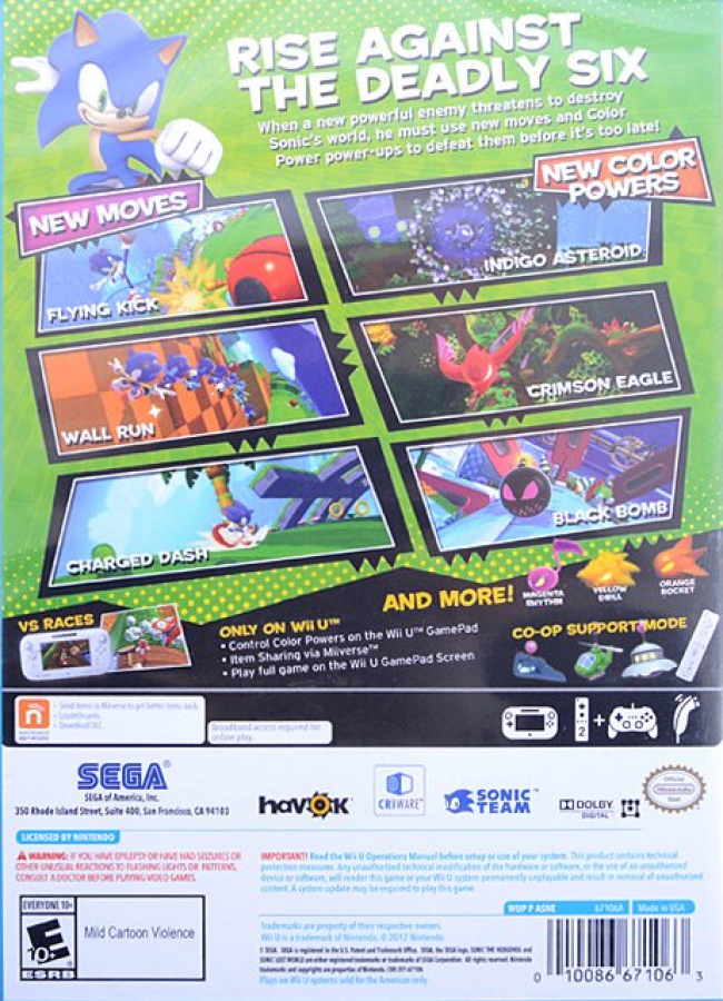 Sonic Lost World Nintendo Wii U 3D platformer video game parkour movement colorful worlds wisps Deadly Six villains Yoshi cameos co-op gameplay back cover