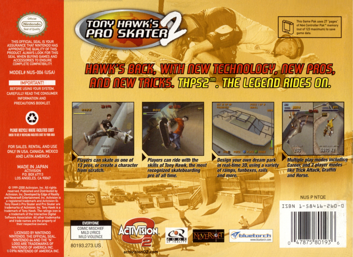 Tony Hawk's Pro Skater 2 back cover art for Nintendo 64 (N64) video game