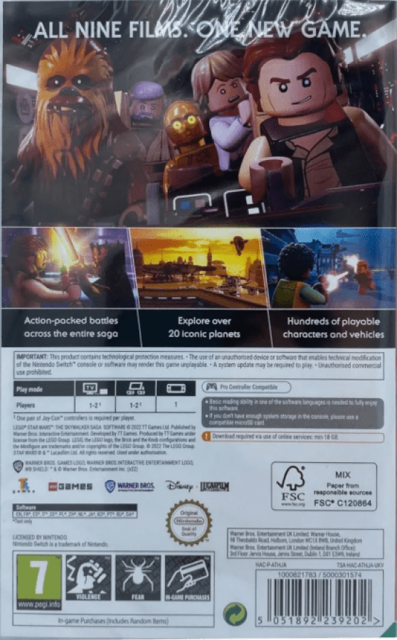 LEGO Star Wars The Skywalker Saga back of box for Nintendo Switch action adventure game