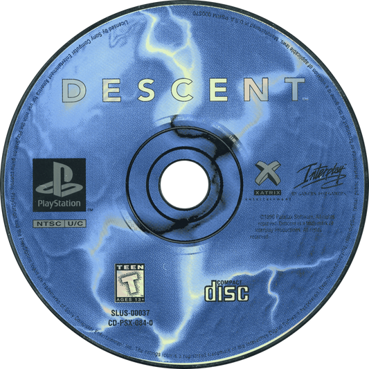 Descent PlayStation 1 PS1 first-person shooter video game featuring intense 3D space combat maze-like underground environments futuristic spacecraft enemy robots powerful weapons challenging levels exploration and classic PlayStation 1 PS1 gameplay collectible retro gaming appeal game disc